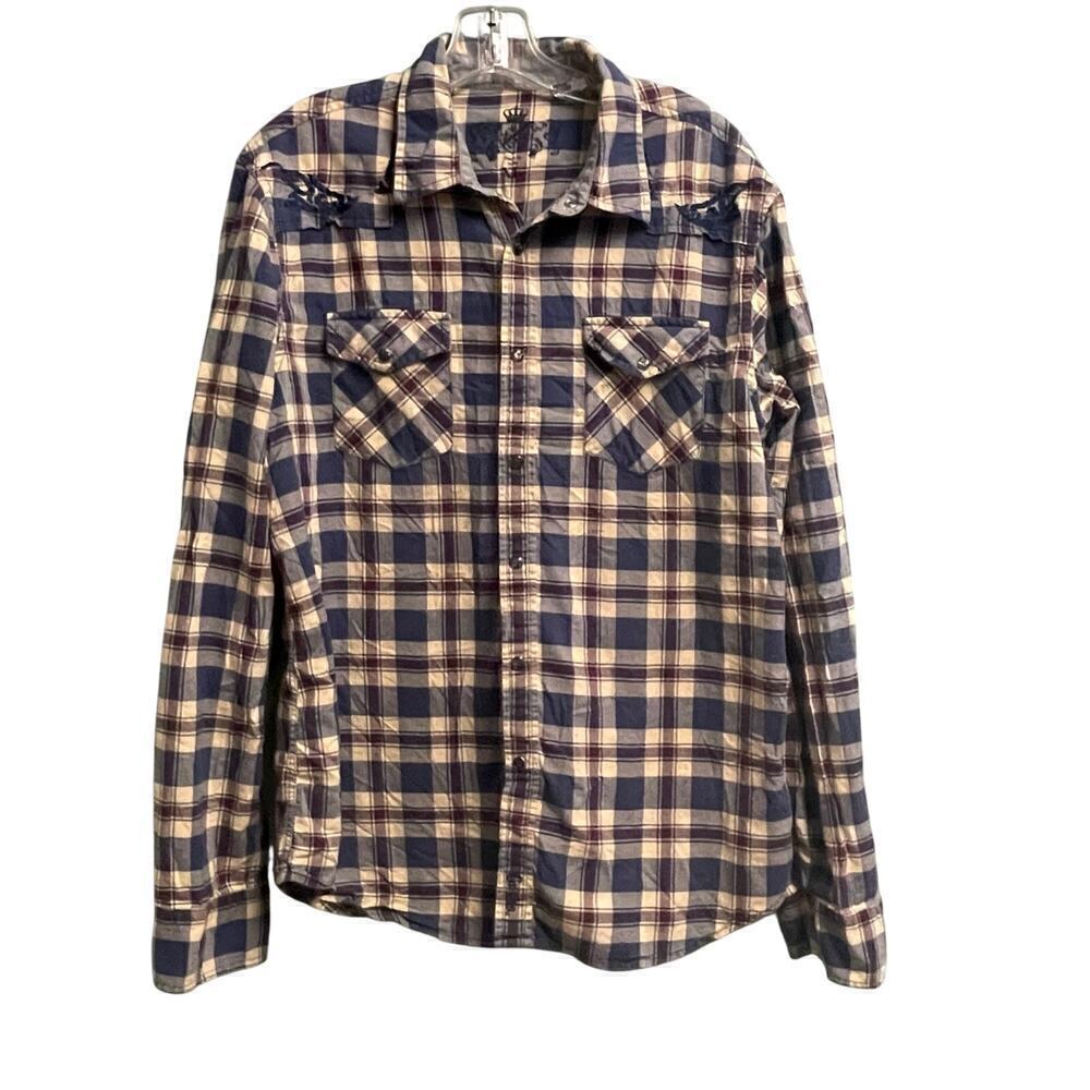 Guess Mens XL Plaid Black Pearl Snap Long Sleeve Western Style Shirt Embroidered